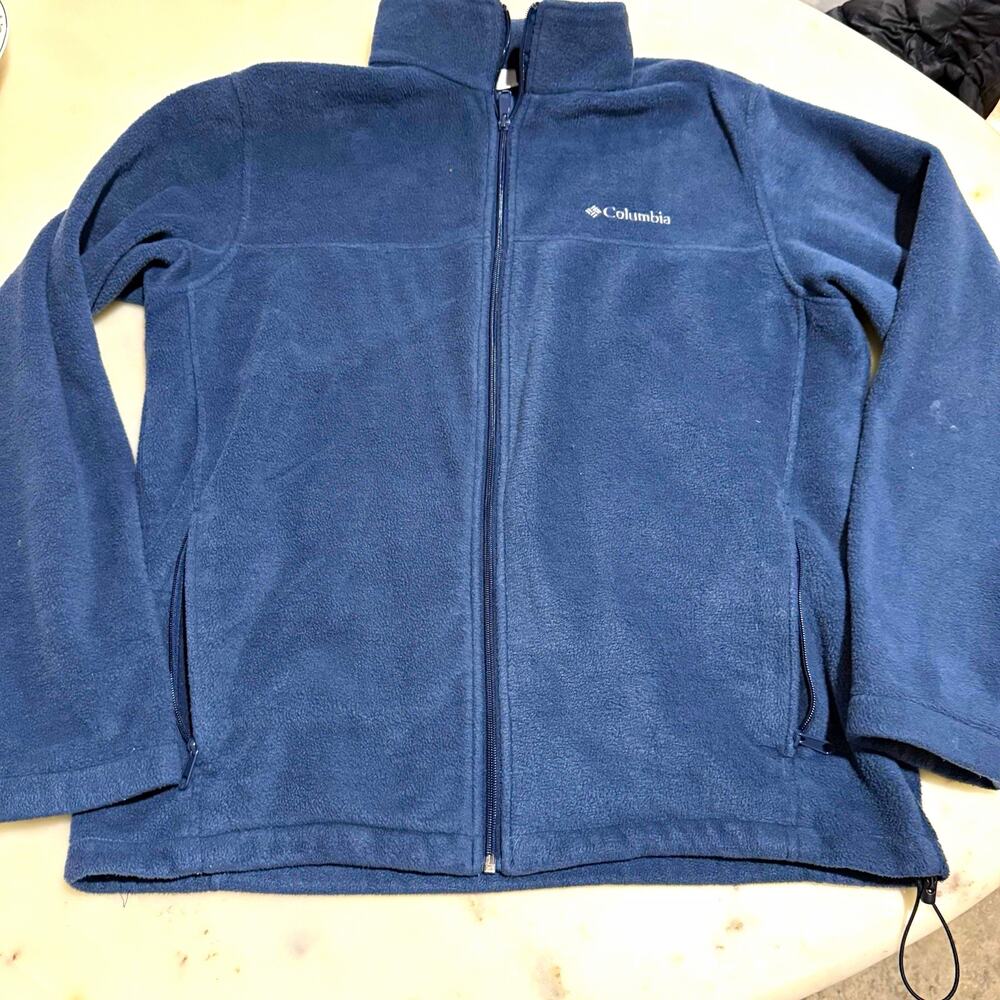 Columbia Men’s L Navy Blue Full Zip Fleece Jacket Stand-Up Collar Logo Outdoor